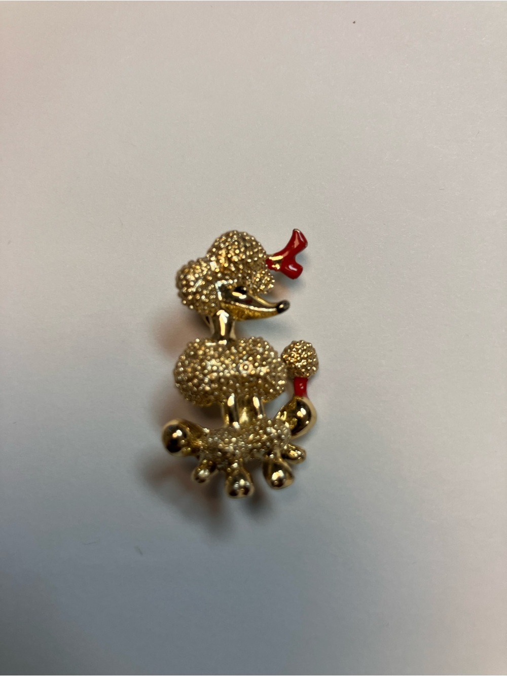 Vintage Gold Tone Poodle Brooch with Red Accents